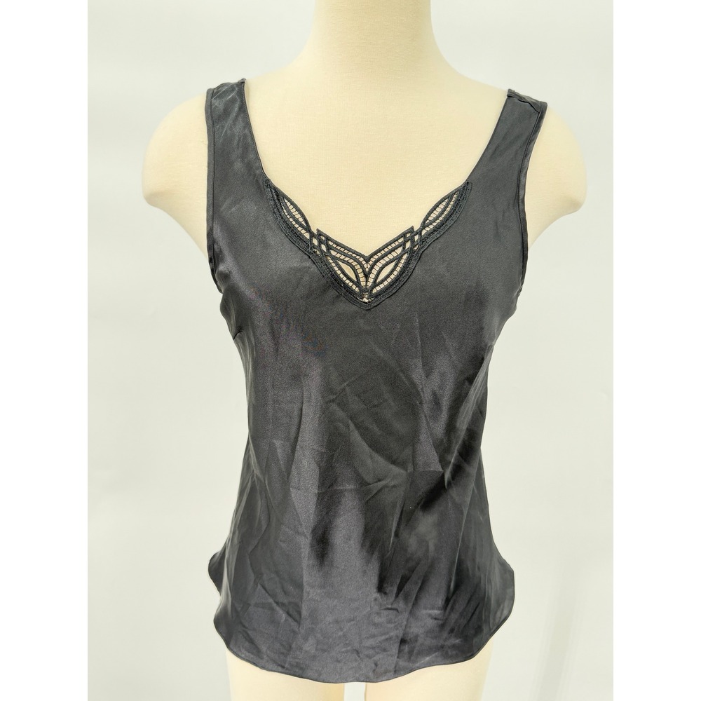 Cabernet Satin Tank Top Womens Medium Black Lace V-Neck Camisole Sleeveless